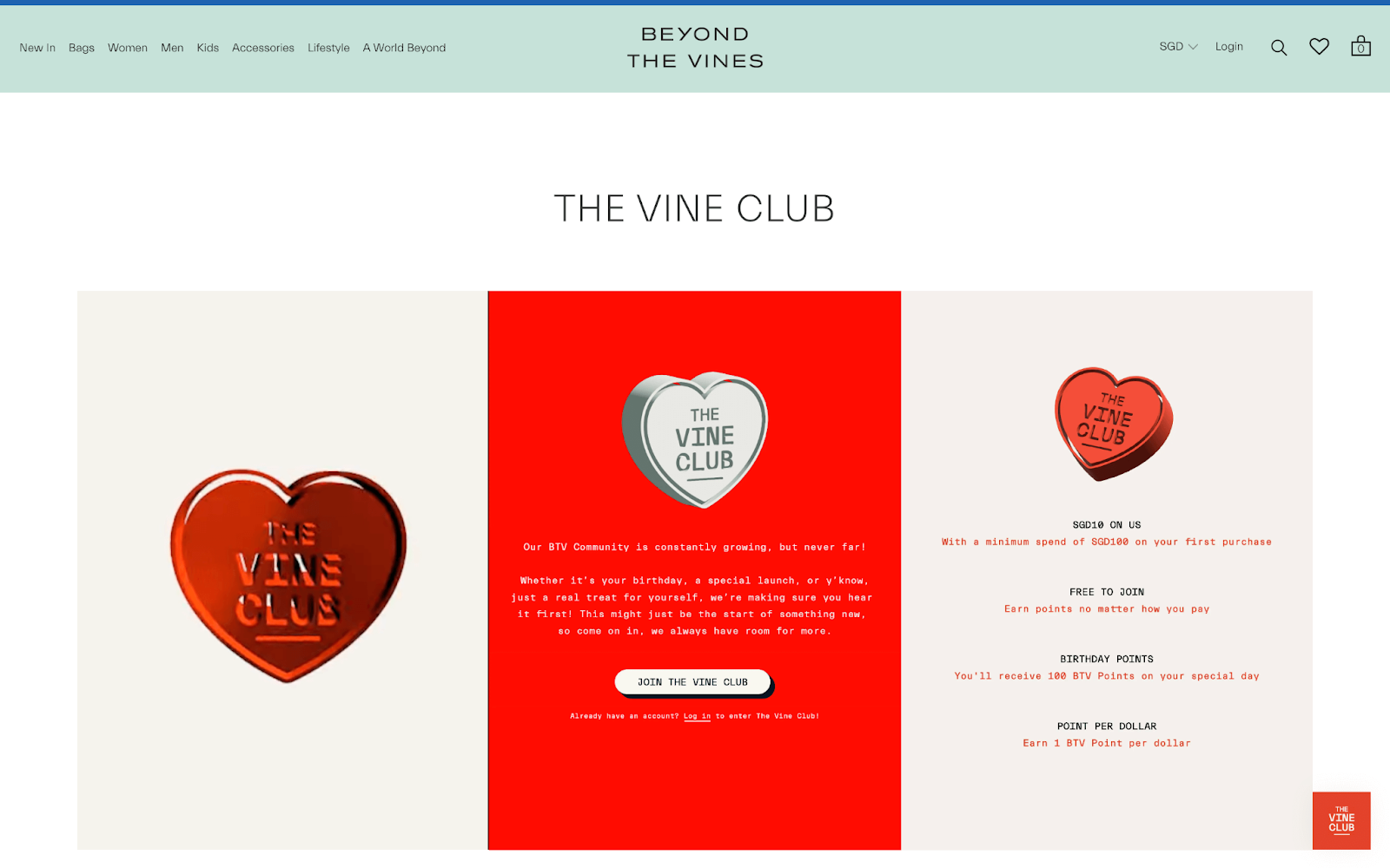 Top 10 Loyalty Programs 2022–A screenshot from Beyond the Vines’ loyalty program explainer page. There are three panels, each with a heart that says “The Vine Club” on it. Each panel has text explaining the process of how to join the program, calls to actions to join, and descriptions of what rewards are available to redeem. 