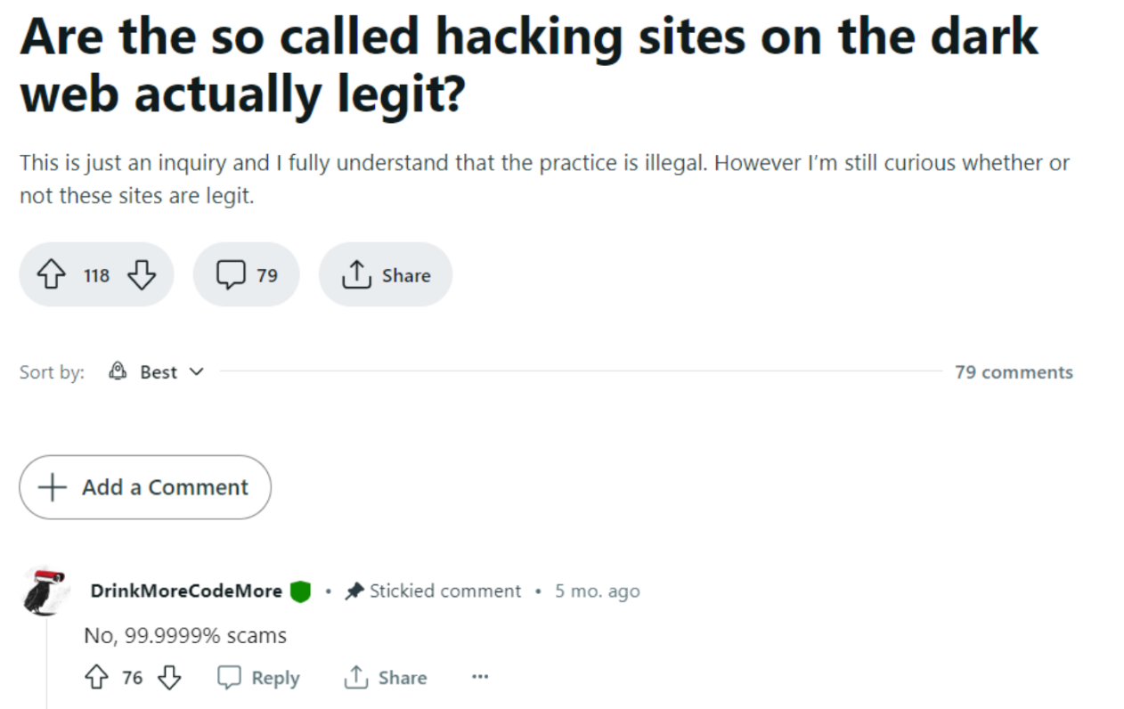 Screenshot of Reddit forum about the legitimacy of dark web hacking sites