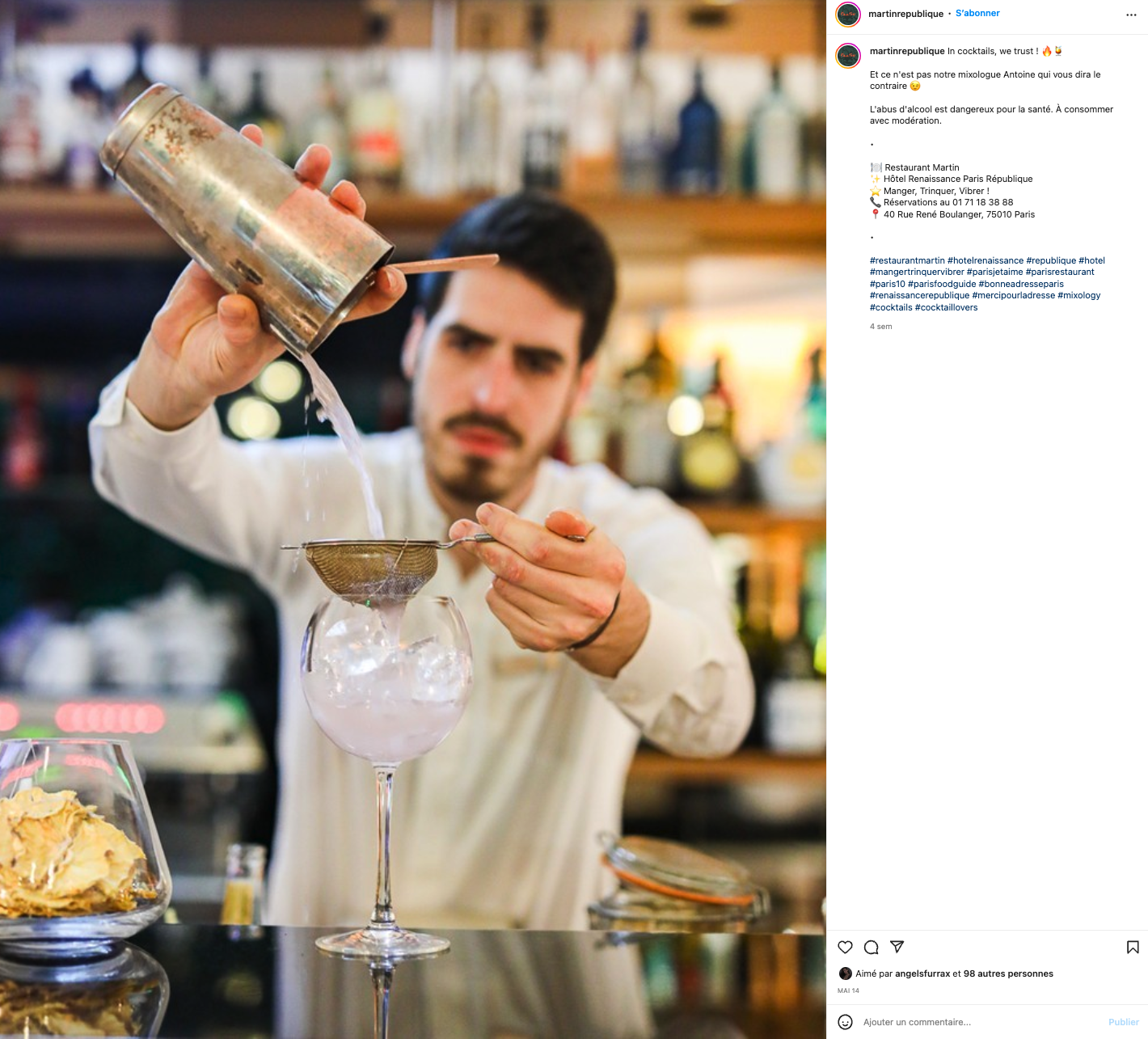 Aperçu du compte Instagram d’un restaurant d’hôtel géré par Talk