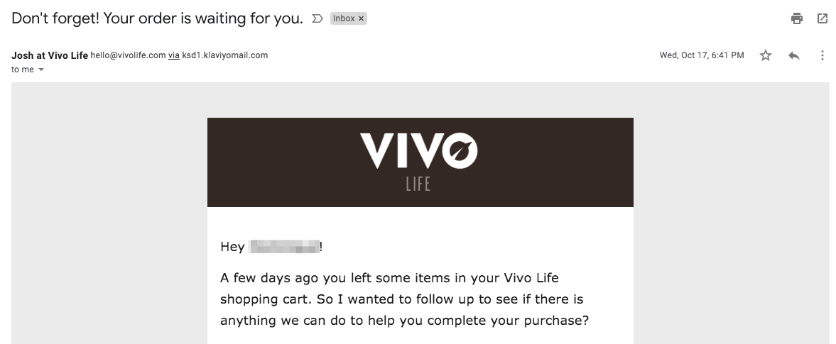 vivo sends follow-up emails to remind you of your shopping cart