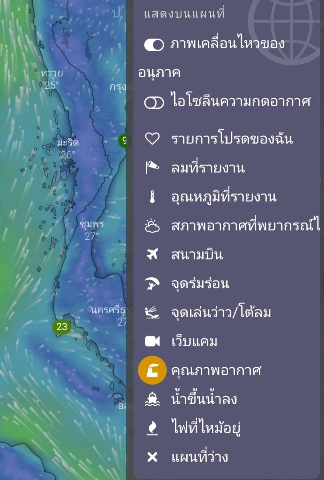 ตัวเลือกในแอปพลิเคชัน
