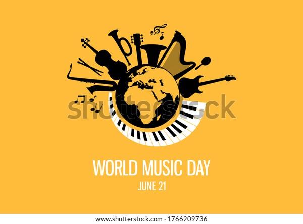 World Music Day with musical instruments illustration. Different musical instruments silhouette icon. Planet Earth with musical instruments illustration. Music Day Poster, June 21. Important day