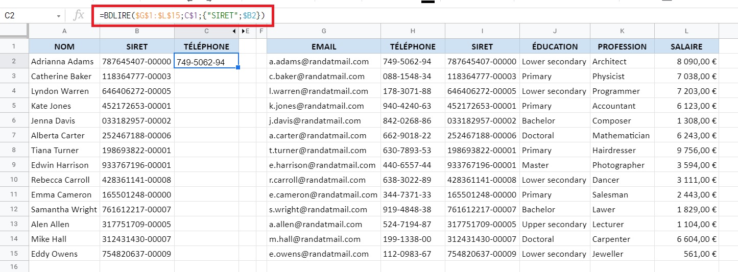 Google Sheets - Fonctions BDLIRE et RECHERCHEV