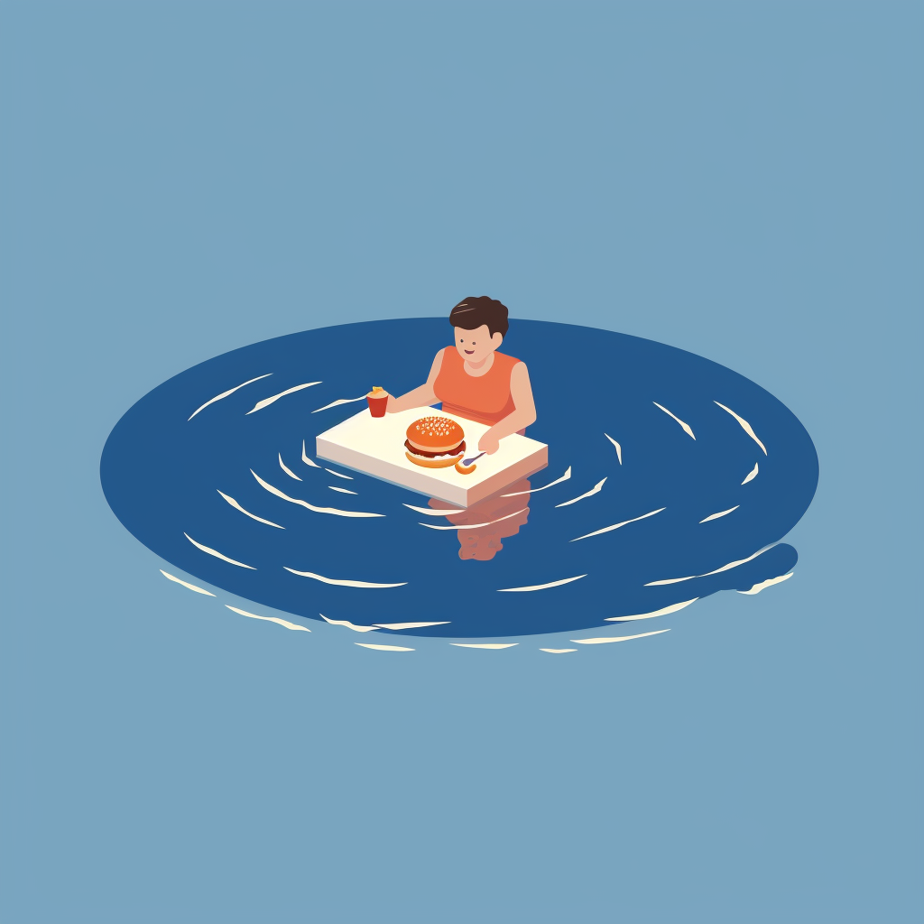 person eating a hamburger in a pool