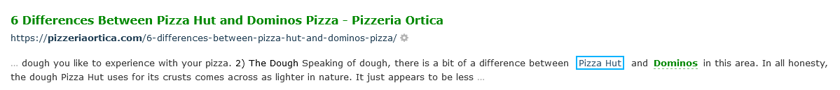 Screenshot di una pagina web dove in una frase sono citati in sequenza Pizza Hut e Dominos.