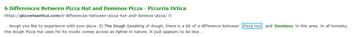 Screen capture of a Link Context example showing a link to Pizza Hut near a link to Dominos.