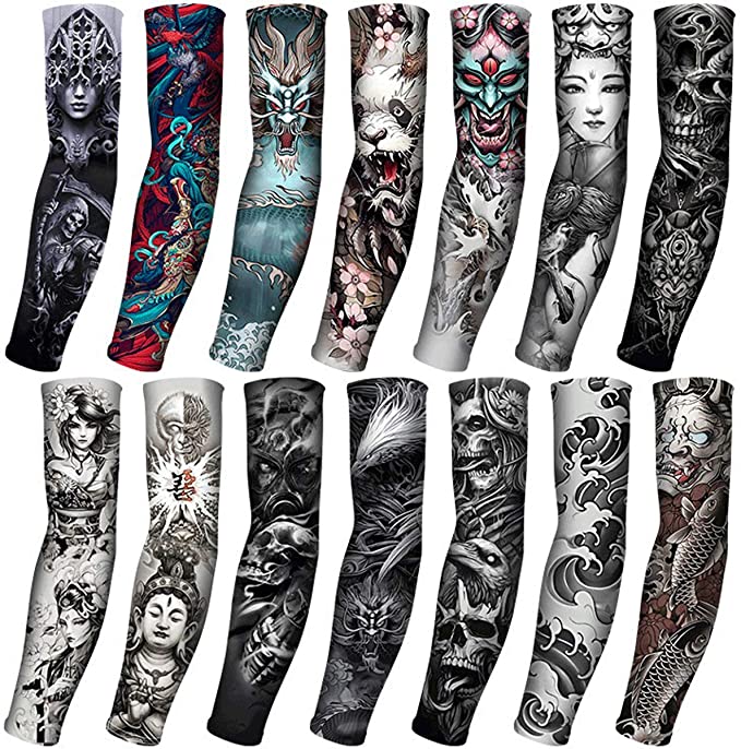 4Pairs Outdoor Cycling Sleeves 3D Tattoo Printed UV Protection Arm Sleeves Quick Dry Summer Cooling Sleeves for Men Women
