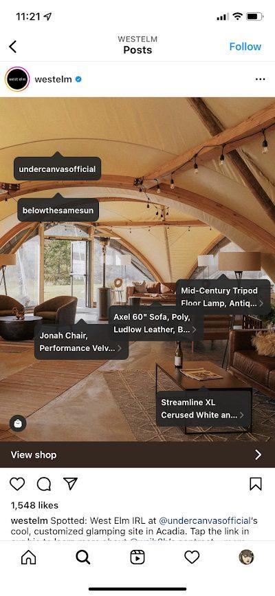 West Elm Instagram post of a living room with products tagged 