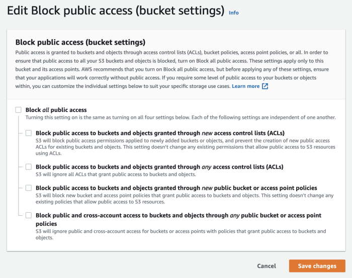 Screenshot of Block public access bucket settings