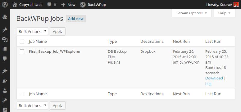trabalho agendado para backwpup