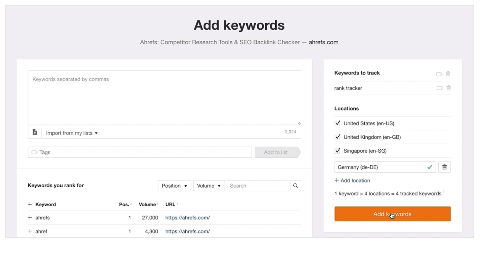 A screen cap of Ahref's website, which shows how the Rank Tracker works. It shows that you can add keywords and have them tracked for their performance.