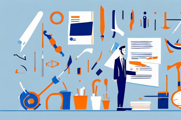 a person in a professional setting, surrounded by tools and resources to help them prepare for a job interview, hand-drawn abstract illustration for a company blog, in style of corporate memphis, faded colors, white background, professional, minimalist, clean lines