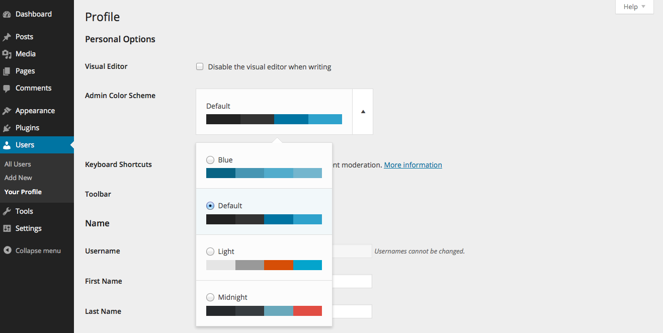 Esquemas de cores do painel do WordPress 3.8