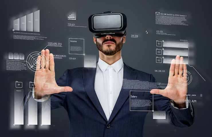Man in a suit wearing virtual reality glasses, immersed in the virtual financial world, a depiction of technology-driven work experiences.