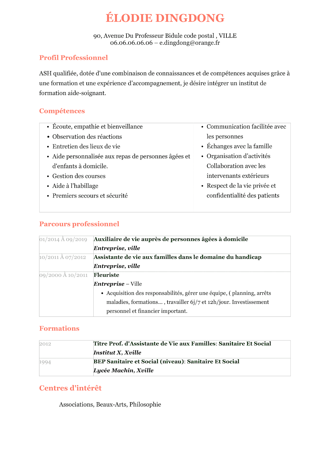 Exemple De Cv Auxiliaire Vie En Maison Retraite | Ventana Blog