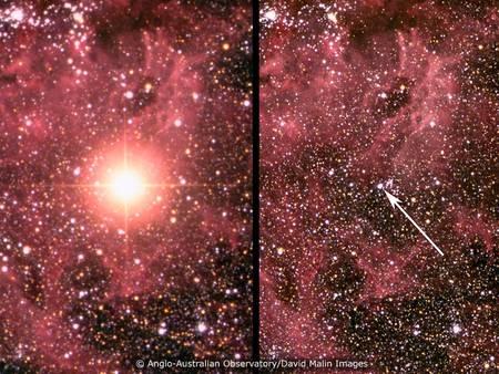 À gauche : le 24 février 1987, la supernova SN1987a brille de mille feux dans le Grand Nuage de Magellan. À droite : 24 heures plus tôt, un cliché de la même région pris dans le cadre d'un autre programme de recherche ne laisse rien présager du spectacle qui se prépare.