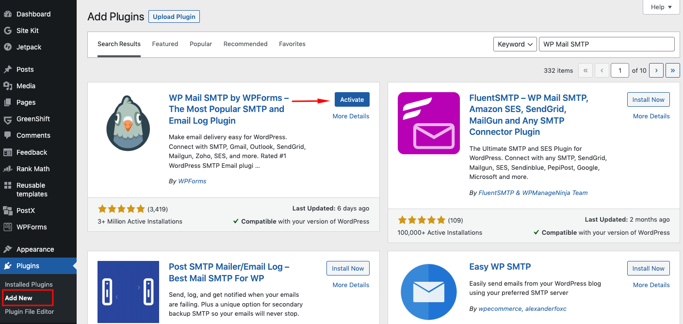 Installing & Activating WP Mail SMTP plugin from WordPress dashboard
