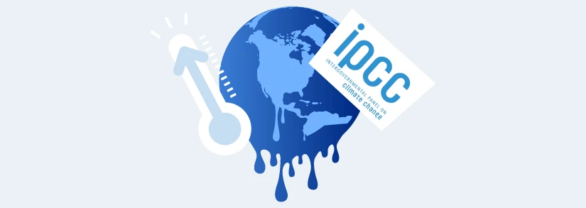 Globo terrestre com o símbolo do IPCC e um termômetro