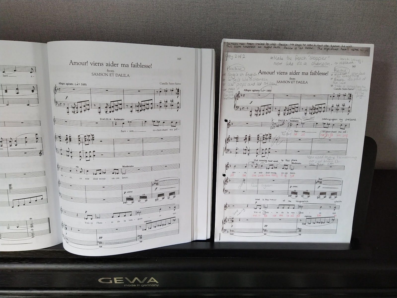 Two copies of the same piece of sheet music, one covered in notes and writing. 