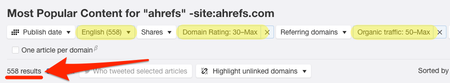 Finding unlinked brand mention using Ahrefs content explorer.
