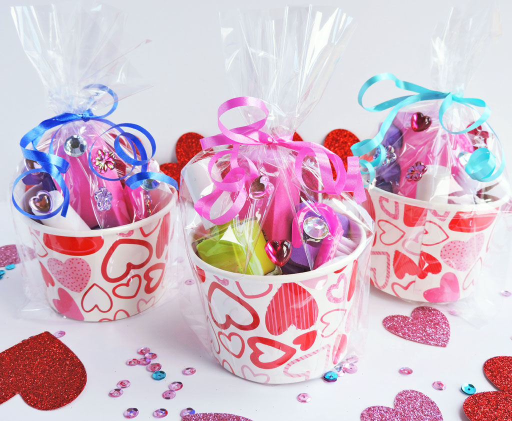 Valentine's Day Gift Exchange-Mini DIY Nail Spa Kits. sparkly nail file, nail clippers, nail polish in a valentine's cup paired with Hallmark Paper Wonder and Hallmark Signature Cards.

beautifuleatsandthings.com