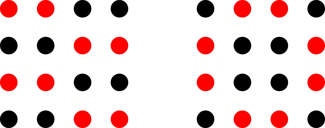 Two four-by-four grids, each with eight dots highlighted. One has four pairs of horizontally adjacent dots, alternating at different ends of the line, and the other has the eight 'edge' dots that aren't corners highlighted.