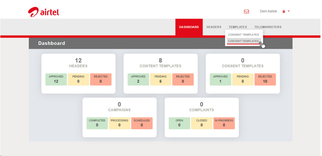 The dashboard of an approved enterprise on the airtel DLT portal | SMScountry