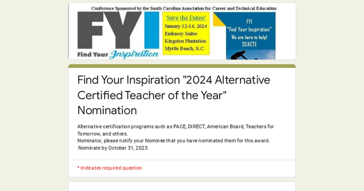 Find Your Inspiration "2024 Alternative Certified Teacher of the Year" Nomination