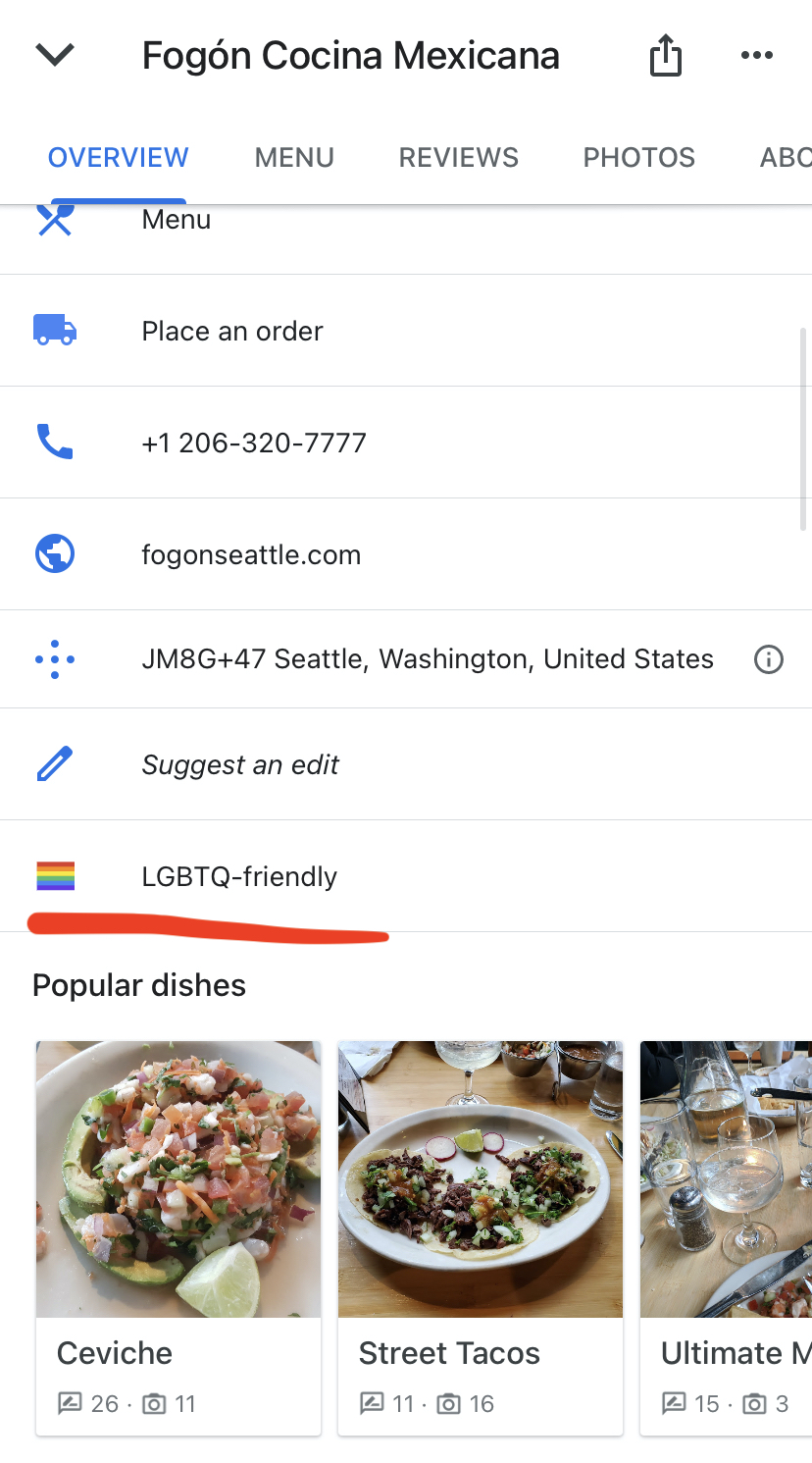 Fogon Cocina Mexicana Google My Business profile showing LGBTQ-friendly.