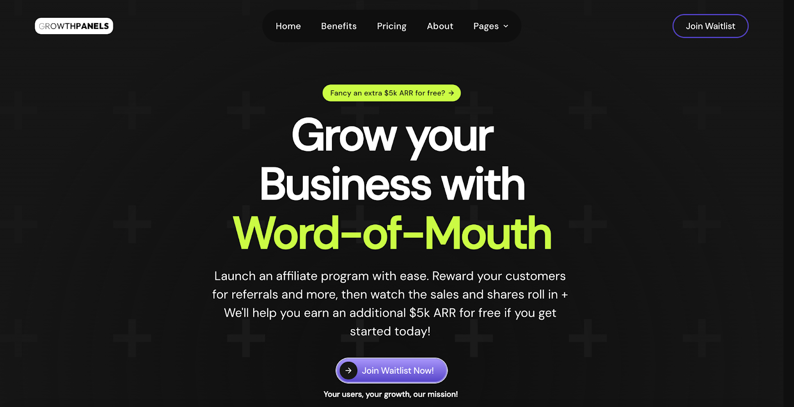 The GrowthPanels homepage that claims to 'grow your business with word-of-mouth.'
