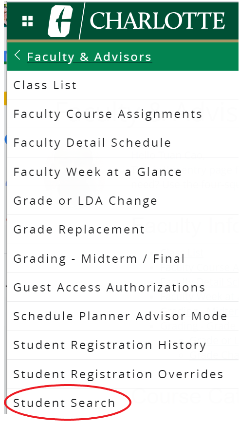 Student Search under Faculty and Advisors in four square menu