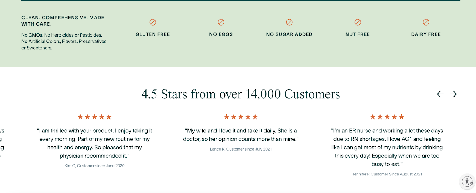 Screenshot of a landing page with testimonials.
