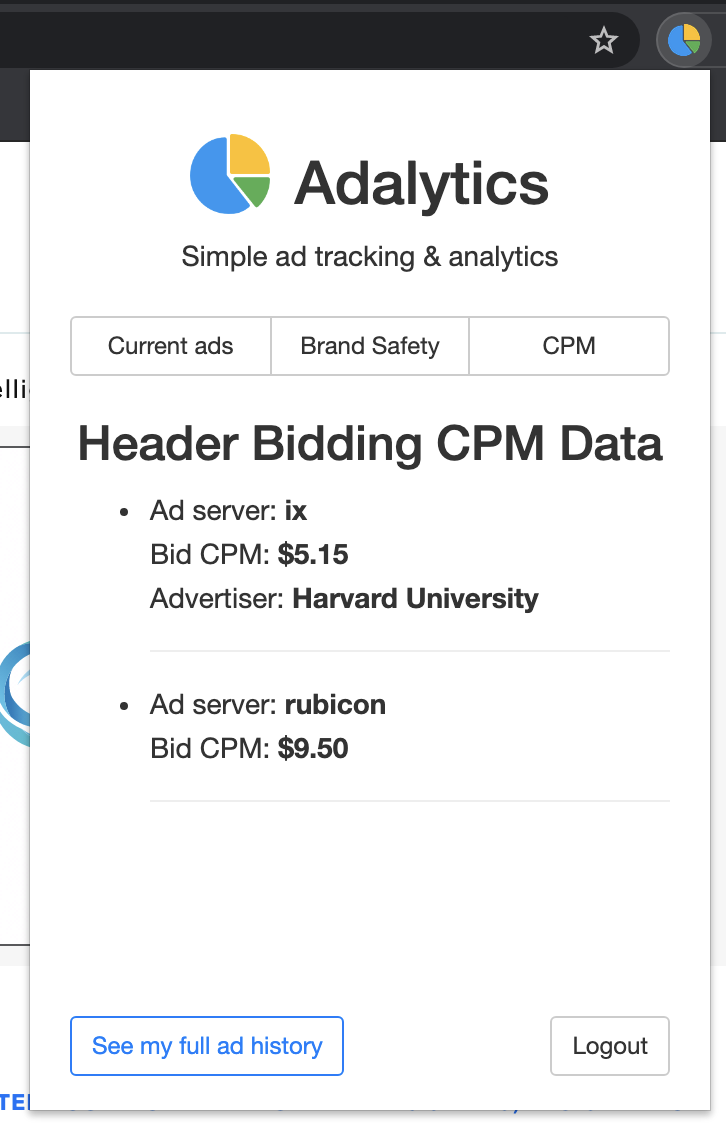 Screenshot of the Adalytics browser extension, showing CPM data on a specific website for Harvard Business School Online ads (among other ads).