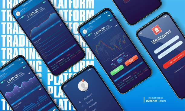 Mobile app infographic template with modern design. Smartphone mock-up on blue gradient background. Mobile app design concept. Vector Mobile app infographic template with modern design. Smartphone mock-up on blue gradient background. demo forex trading account stock illustrations