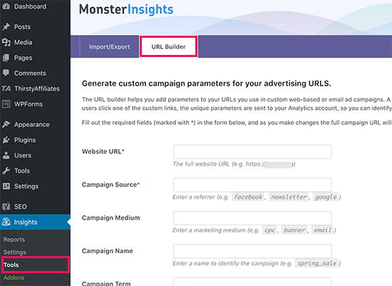 Construtor de URL no MonsterInsights