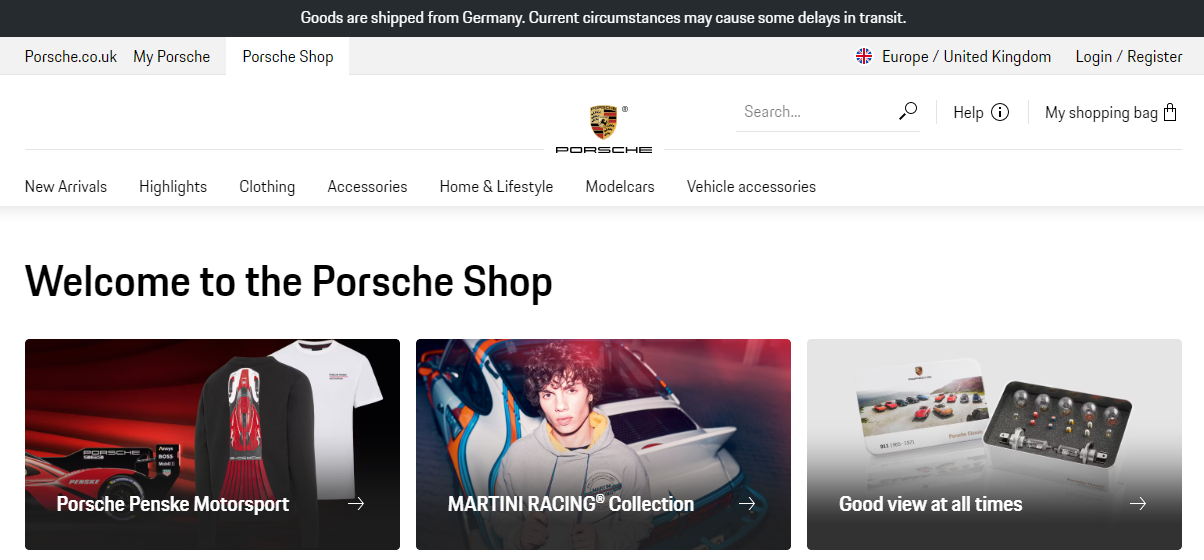 site da loja da Porsche