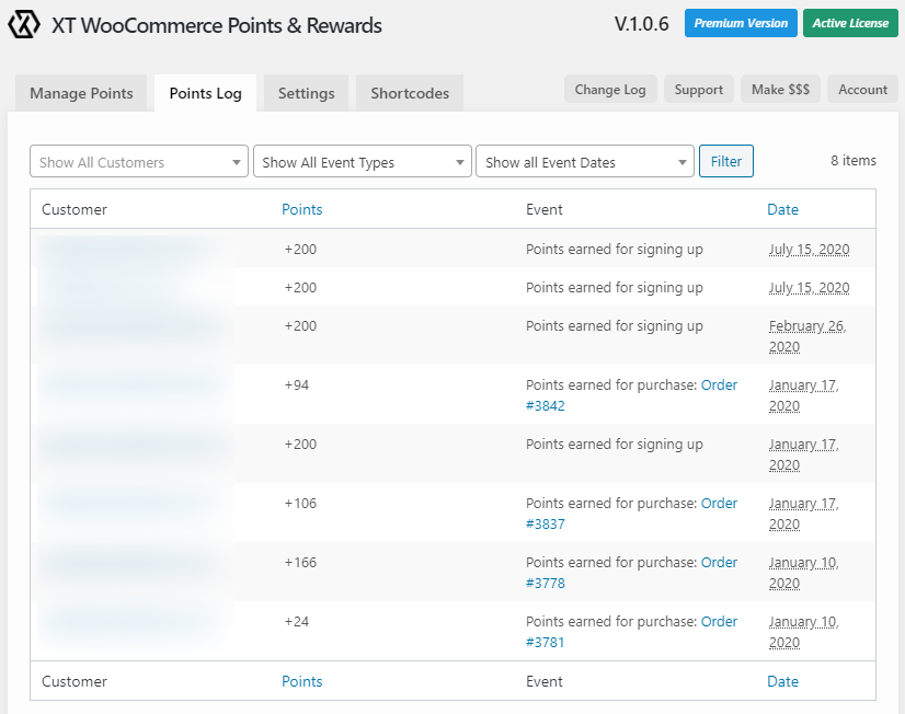 customer point logs