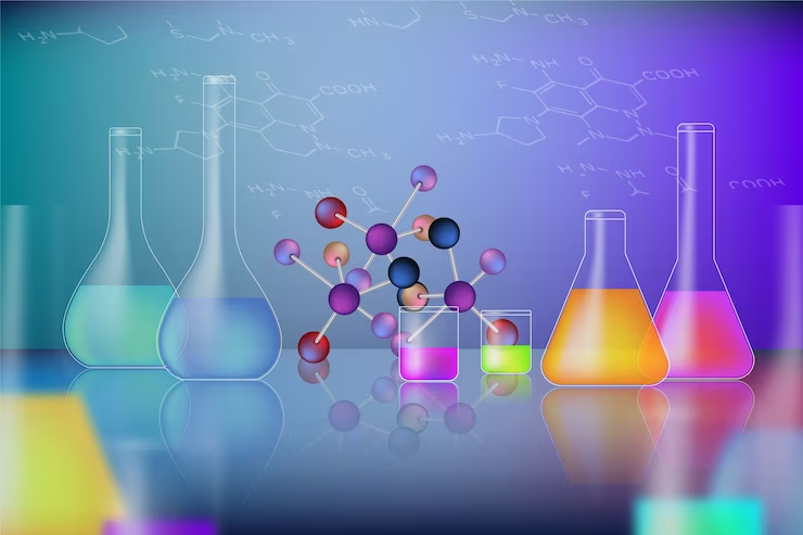 Colorful realistic science background with molecules and tubes for MCAT Organic Chemistry section.