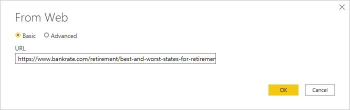 Screenshot of Power B I Desktop showing the From Web dialog box.