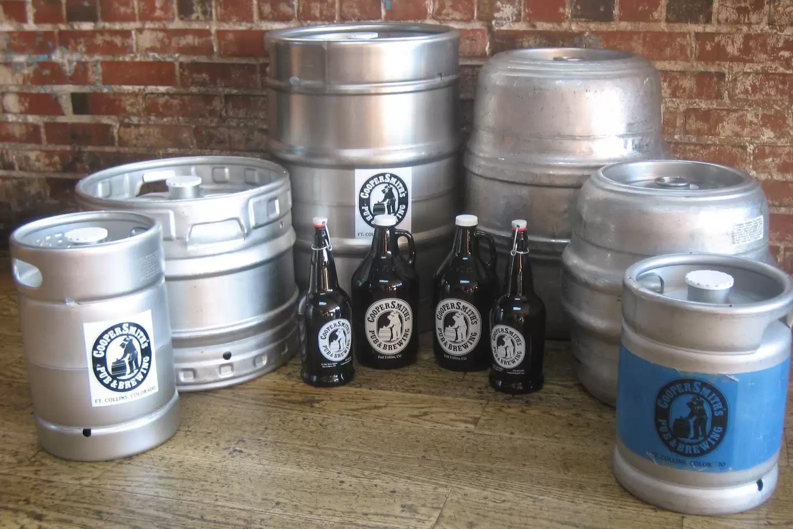 A selection of kegs and growlers from CooperSmith’s Pub and Brewing Company in Fort Collins, northern Colorado, is on display.