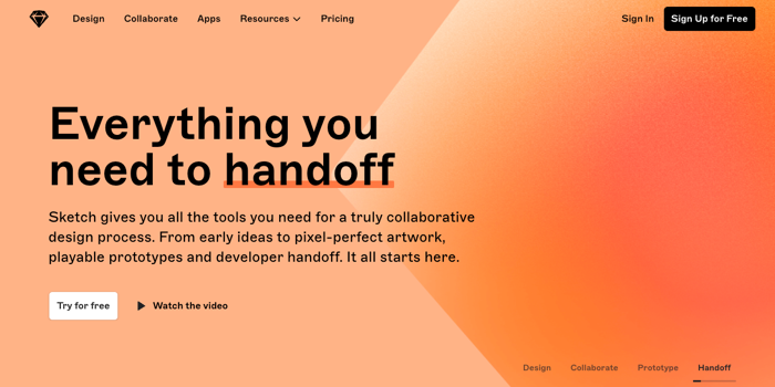 Sketch web design platform page saying 'Everything you need to handoff'