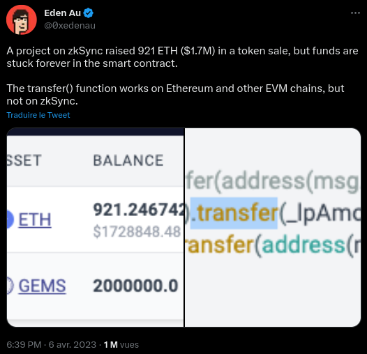 Tweet de 0xedenau sur le problème rencontré sur zkSync Era