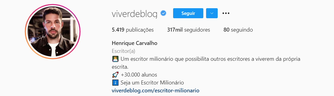 Como usar elementos de Copywriting na biografia do Instagram - Print da bio do Henrique Carvalho, CEO do Viver de Blog.