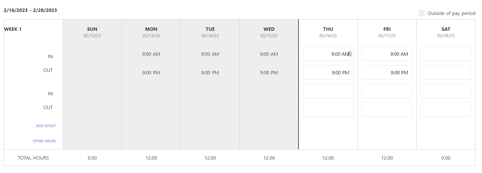 Screenshot of a semimonthly pay period where the workweek was split into 2 separate pay periods. The screenshot shows that the employee did work overtime in the second pay period. 