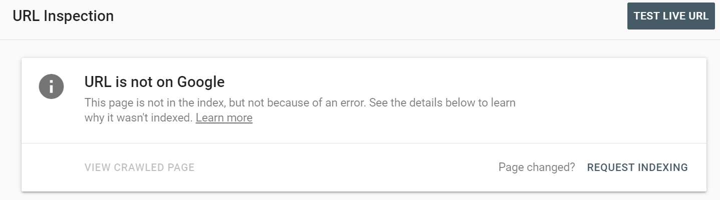 Screenshot of the Google Search Console URL inspection tool results showing that a URL is not on Google, but not because of an error