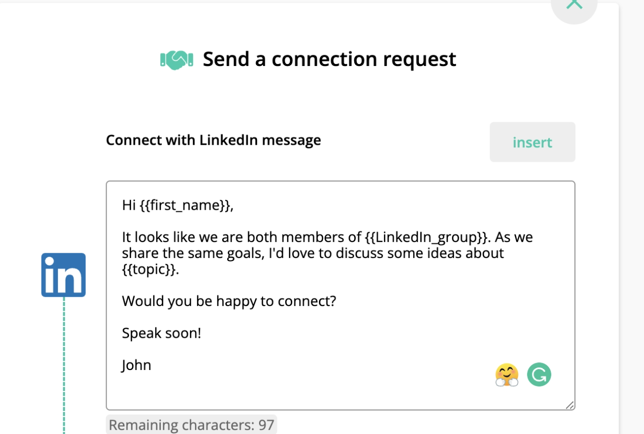 Screenshot from Salesloop of a message template