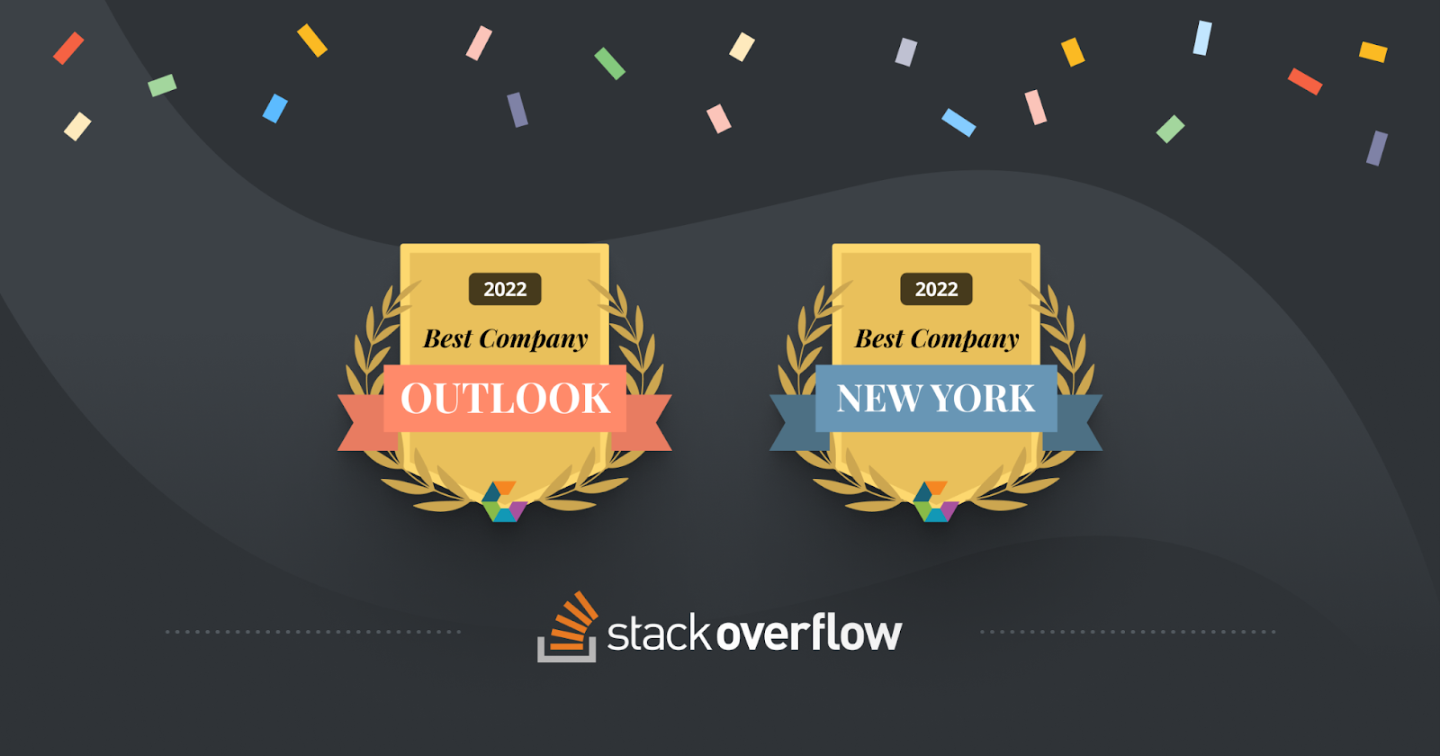 Stack Overflow awards for Best Company Outlook and Best Company New York, 2022. 