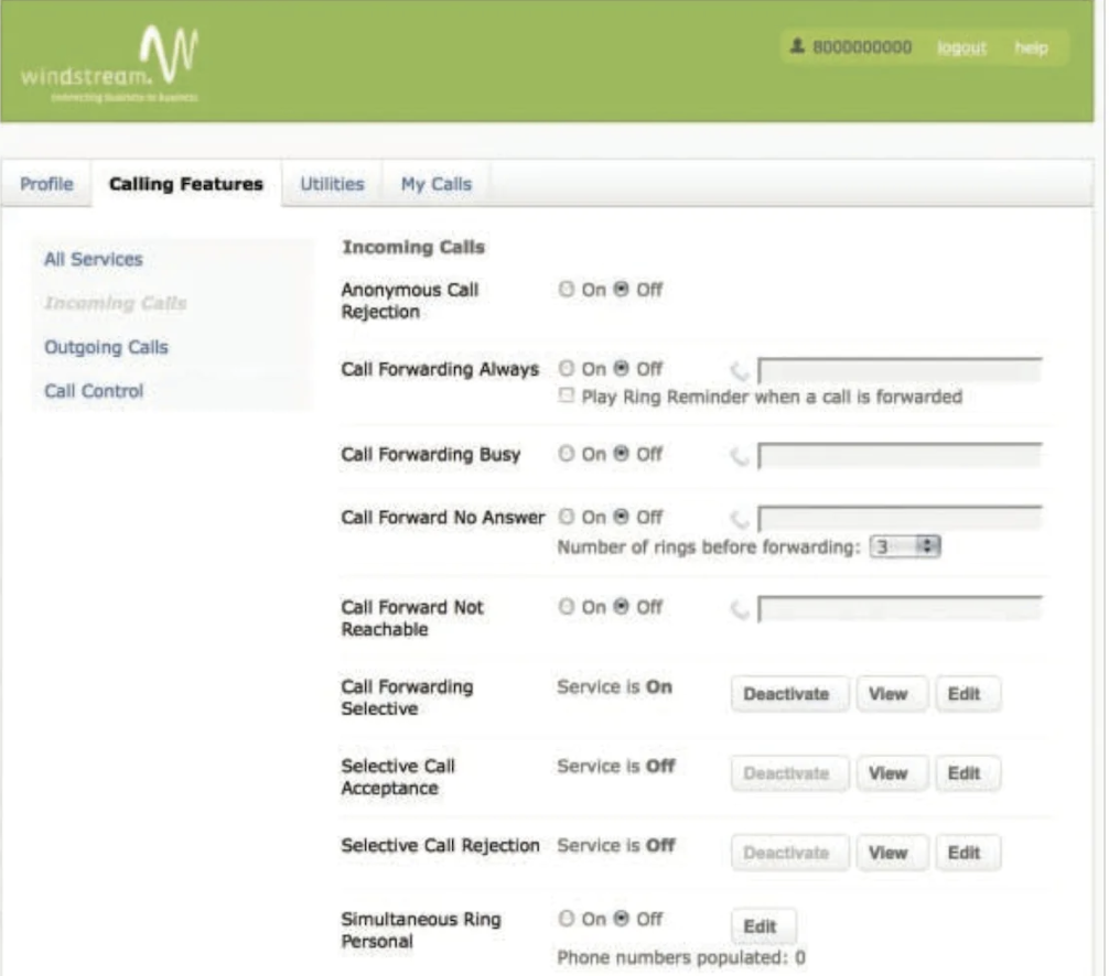 Windstream Business Phone Services dashboard