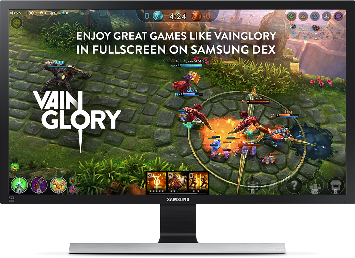 Hình ảnh màn hình khi chơi trò chơi VAINGLORY ở chế độ toàn màn hình với cụm từ 'ENJOY GREAT GAMES LIKE VAINGLORY IN FULLSCREEN ON SAMSUNG DEX' hiển thị ở đầu màn hình đó.
