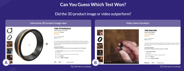 A screenshot of the 3D product image and video versions of a page being tested against each other.